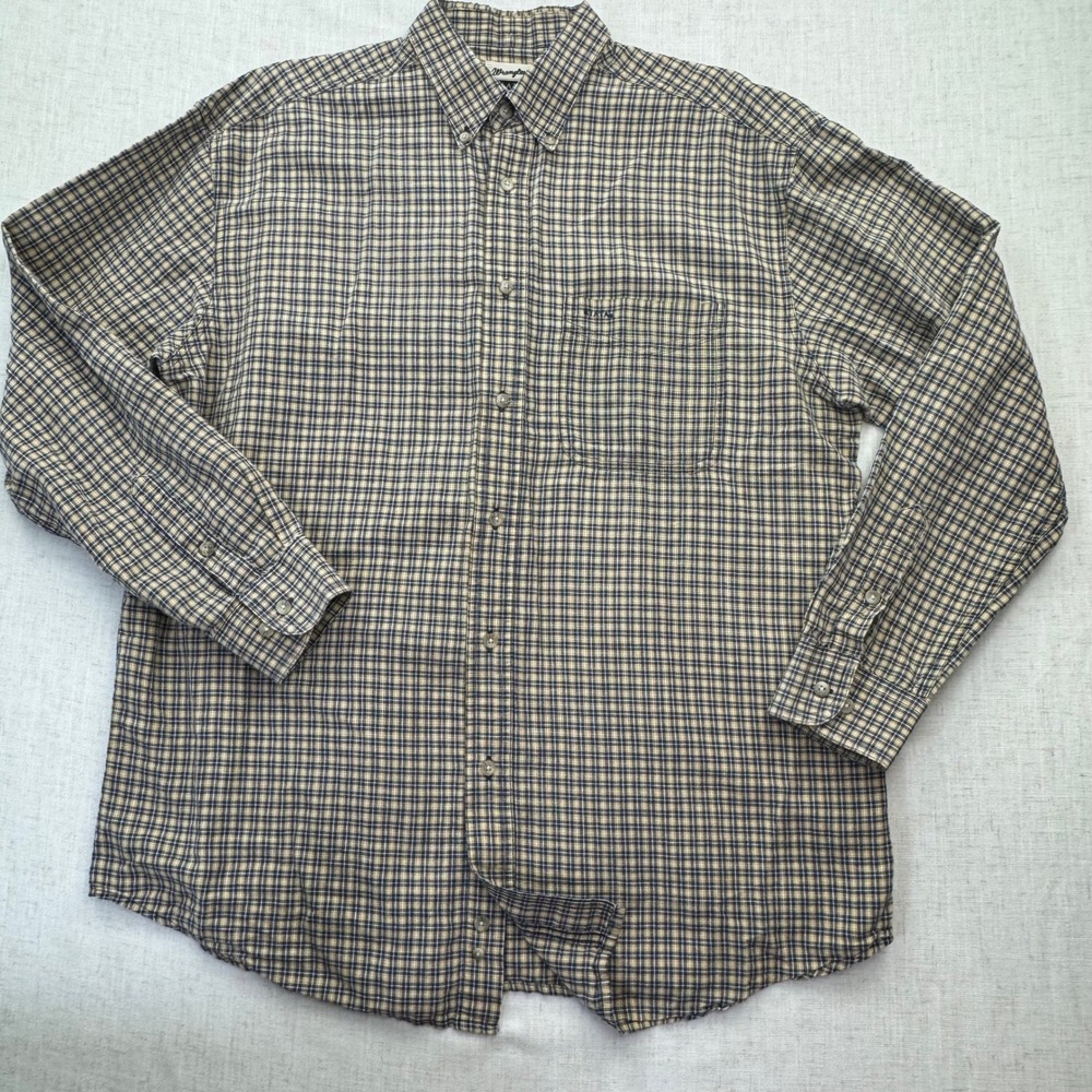 VTG Wrangler Riata Shirt Men Large Tan Navy Plaid Western Button Down Cowboy 90s